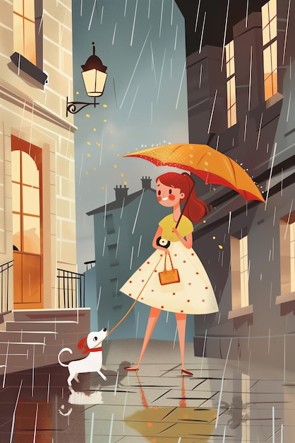 Girl walking the dog on a rainy day with umbrella