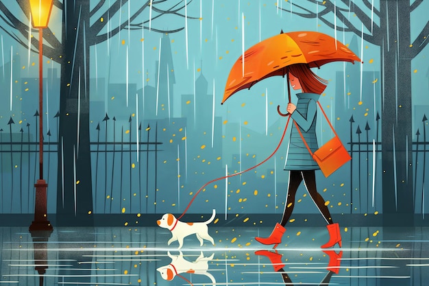 Girl walking the dog on a rainy day with umbrella