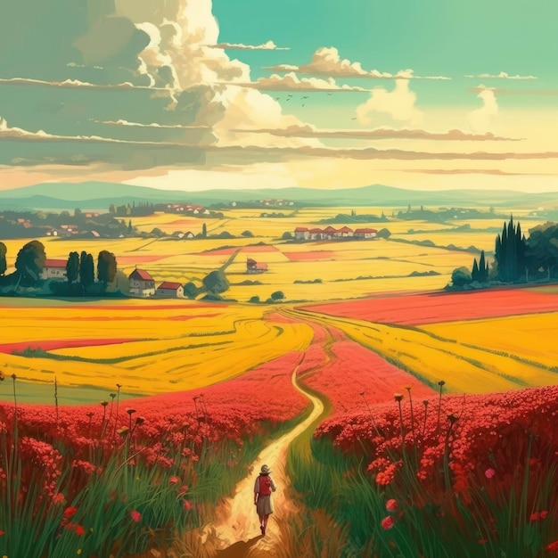 A girl walking down a path in a field of flowers