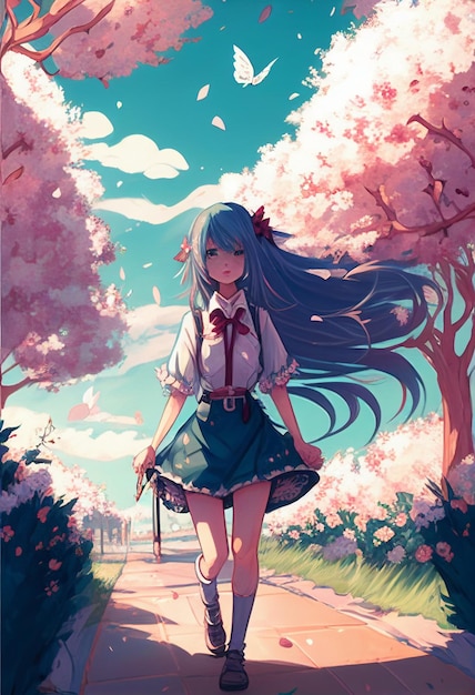 A girl walking down a path with a blue hair and a bow on her head.