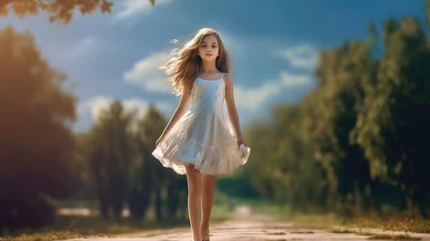 A girl walking down a road in a white dress