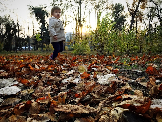 Foto ragazza che cammina su foglie secche contro il cielo