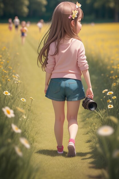 A girl walking in a field of flowers