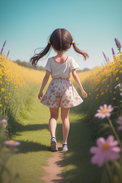 A girl walking in a field of flowers