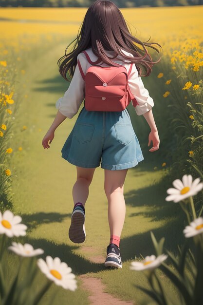 A girl walking in a field of flowers