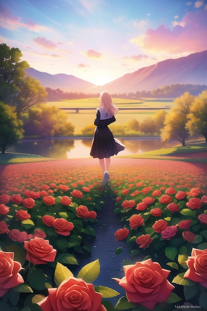 A girl walking in a field of roses