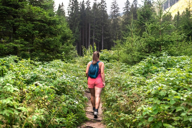 Girl walking in the forest. active spending time. relax and
leisure time.