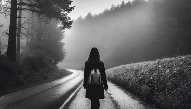 girl walking on a road from back rain forest image of the night foggy landscape with mea