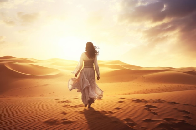 Premium AI Image | Girl walking in the sand of desert at sunset ...