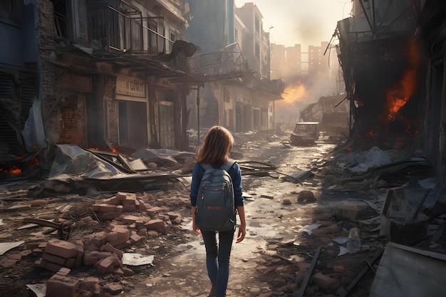 A girl walking on the street at the destroyed city