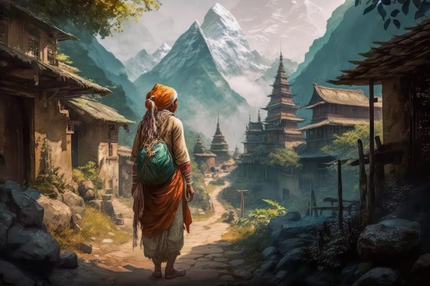 Girl walking at sunset in a Himalayan village Generative AI