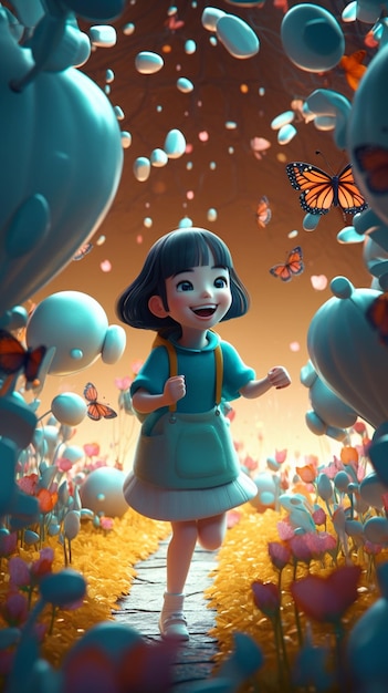 Девушка идет через поле бабочек