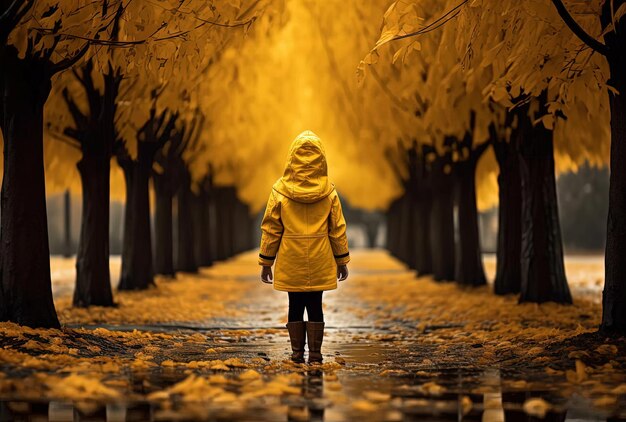 a girl walking through a park in a yellow rainsuit