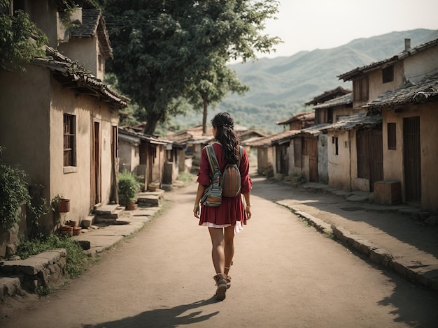 A girl walking on the village road