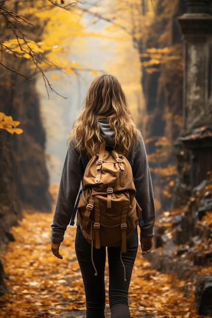 a girl walking with a backpack in the autumn forest