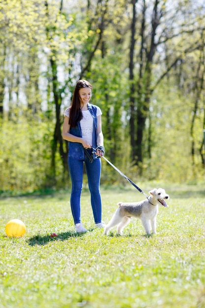 夏の公園でひもにつないで犬と一緒に歩く女の子