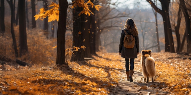 girl walking with a dog in the park Generative AI