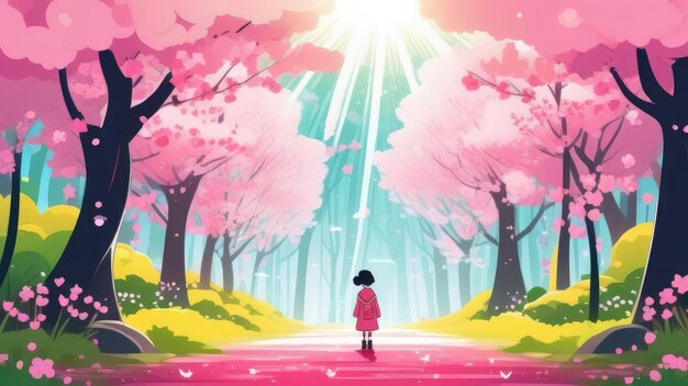 a girl walks along a path through a forest with trees with pink foliage The concept of magic magic mysticism