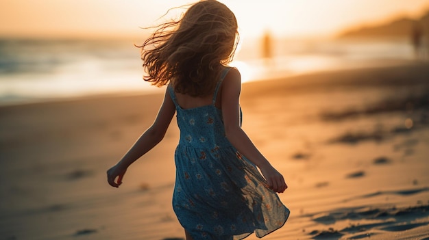 Foto una ragazza cammina sulla spiaggia al tramonto