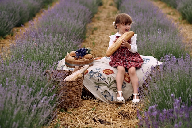 Girl walks collecting flowers on a lavender field.