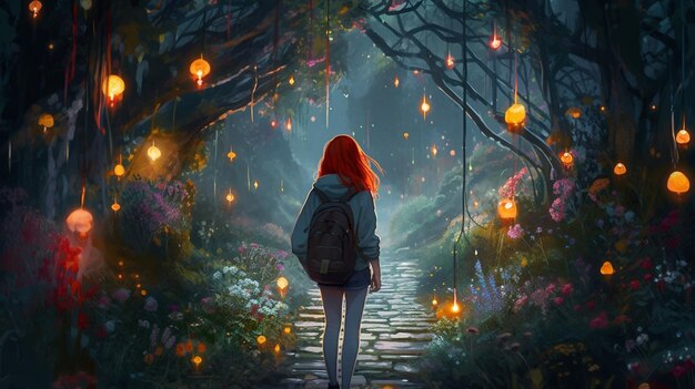 A girl walks down a path in a forest with lanterns on the wall.