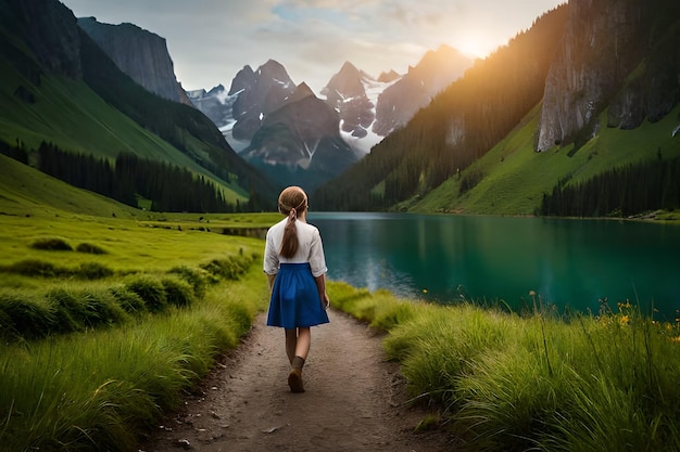 A girl walks down a path in front of a mountain lake.