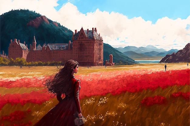 A girl walks in a field of red flowers in front of the castle