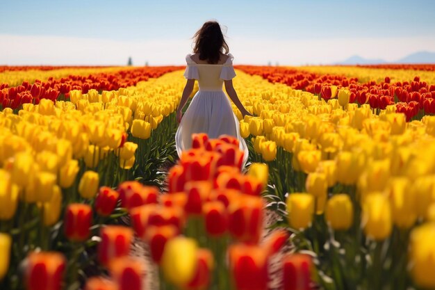 A girl walks in a field of tulips