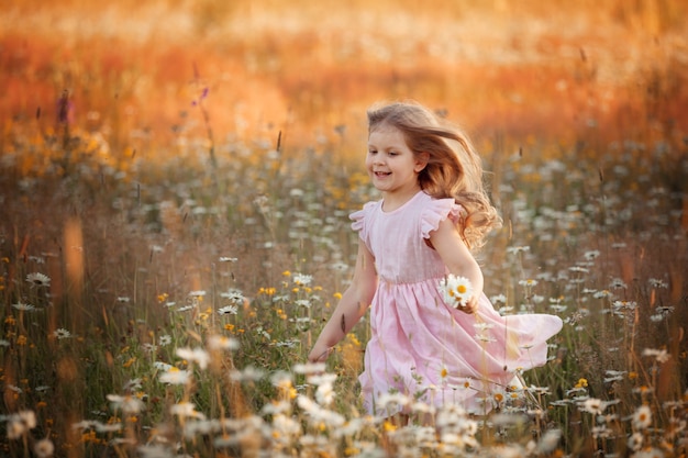 Photo a girl walks in a field with daisies