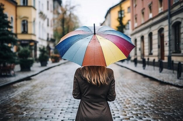 Foto la ragazza cammina nella città piovosa