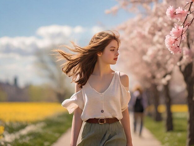 Девушка гуляет в весеннем дневном воздухе