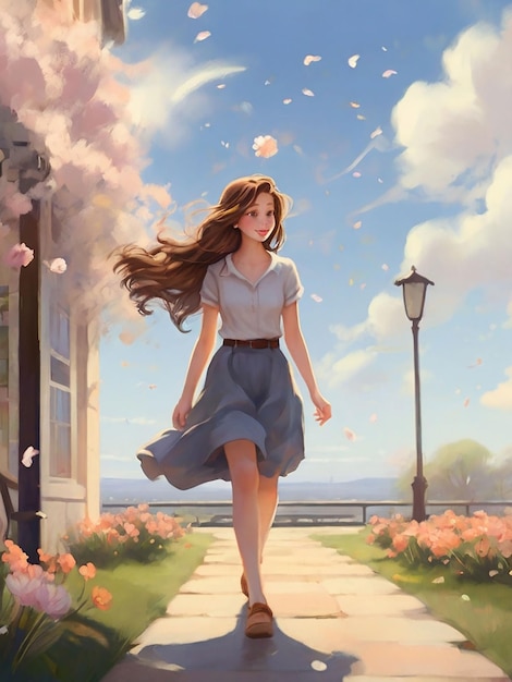 A girl walks in the spring afternoon air