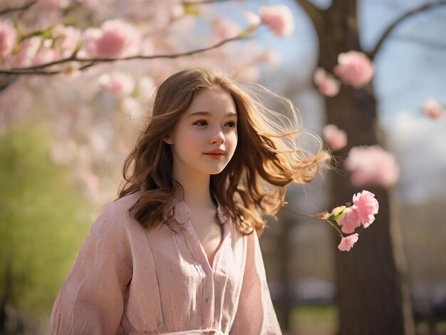 A girl walks in the spring afternoon air