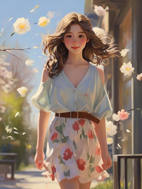 A girl walks in the spring afternoon air