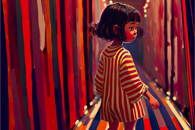 A girl walks through a bright place painted in multicolored stripes