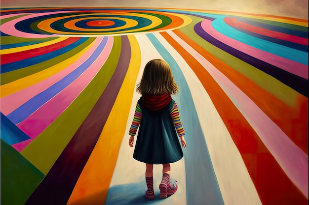 Photo a girl walks through a bright place painted in multicolored stripes