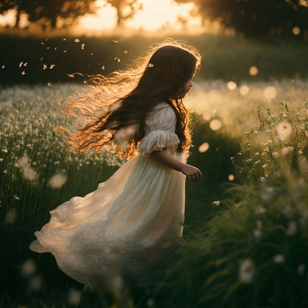 A girl walks through a field of flowers.