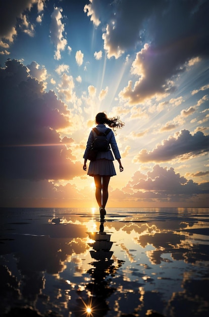 a girl walks on water with the sun behind her back.