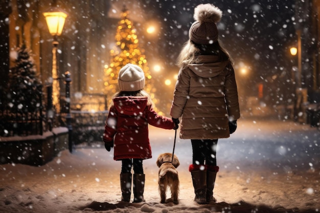 A girl walks with a dog along the snowcovered streets lit by lanterns in winter ai generated