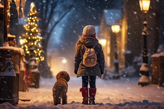 冬のランタンの照らされた雪に覆われた通りを犬と一緒に歩く女の子