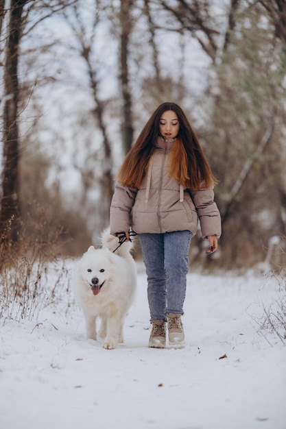 한 소녀는 겨울에 공원의 호수 연안에서 사랑하는 애완동물 사모예드와 함께 고 있습니다.