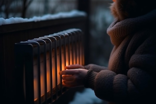 Girl warming hands on radiator in winter evening Generative AI