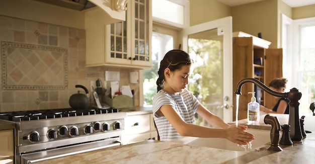 Girl Washing Hands in Kitchen