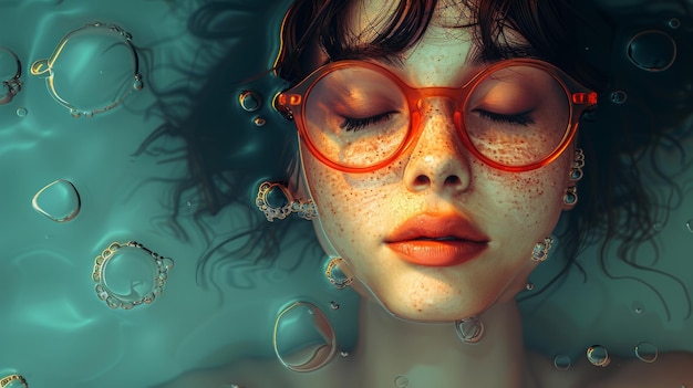Girl in the water A girl with glasses swims in the water Modern graphics flat style The girl is on vacation