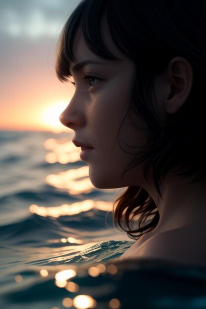 Photo a girl in the water with the sun setting behind her