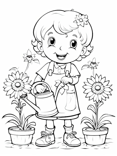 장난스러운 만화 의 스타일 에서 꽃 을 물고 있는 소녀 색칠 페이지