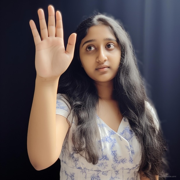 a girl waving her hand in front of a black background.