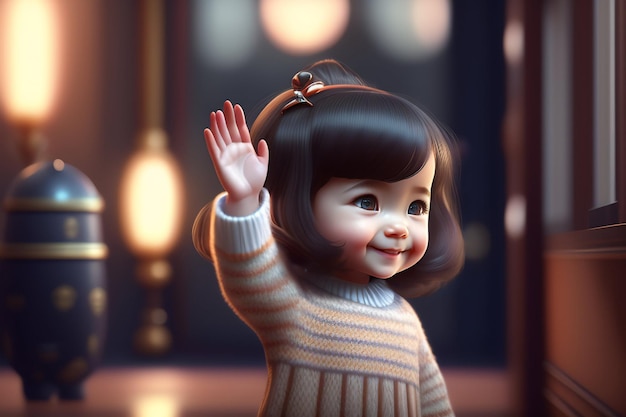 Photo a girl waving her hand in front of a lamp