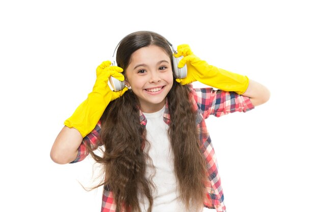 Girl wear headphones and gloves for cleaning Listening music and cleaning house Instead of procrastinating try make cleaning little bit easier with fun Make household more joyful Cleaning routine