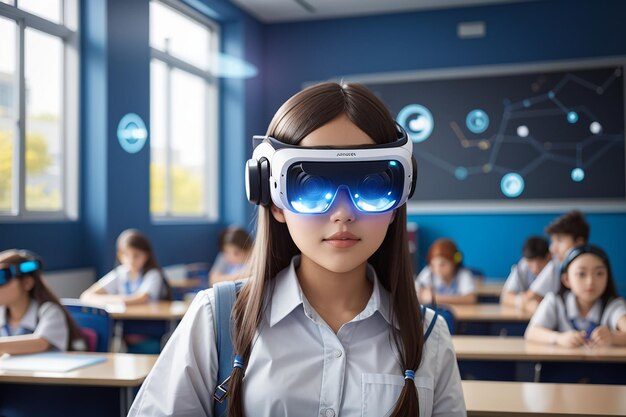 Фото Девочка носит гарнитуру дополненной реальности в классе футуристическое школьное обучение использование устройства виртуальной реальности в образовательном процессе